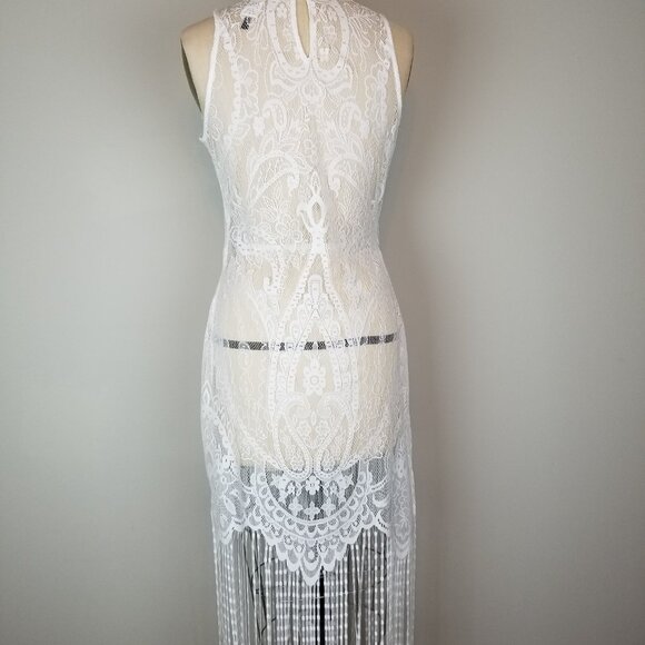 Victorian Style Sheer White Lace Dress with Long Fringe Trim and Racerback Style - Picture 5 of 10